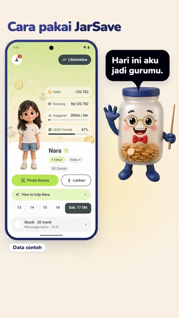 Jars, maskot JarSave, di samping halaman utama aplikasi